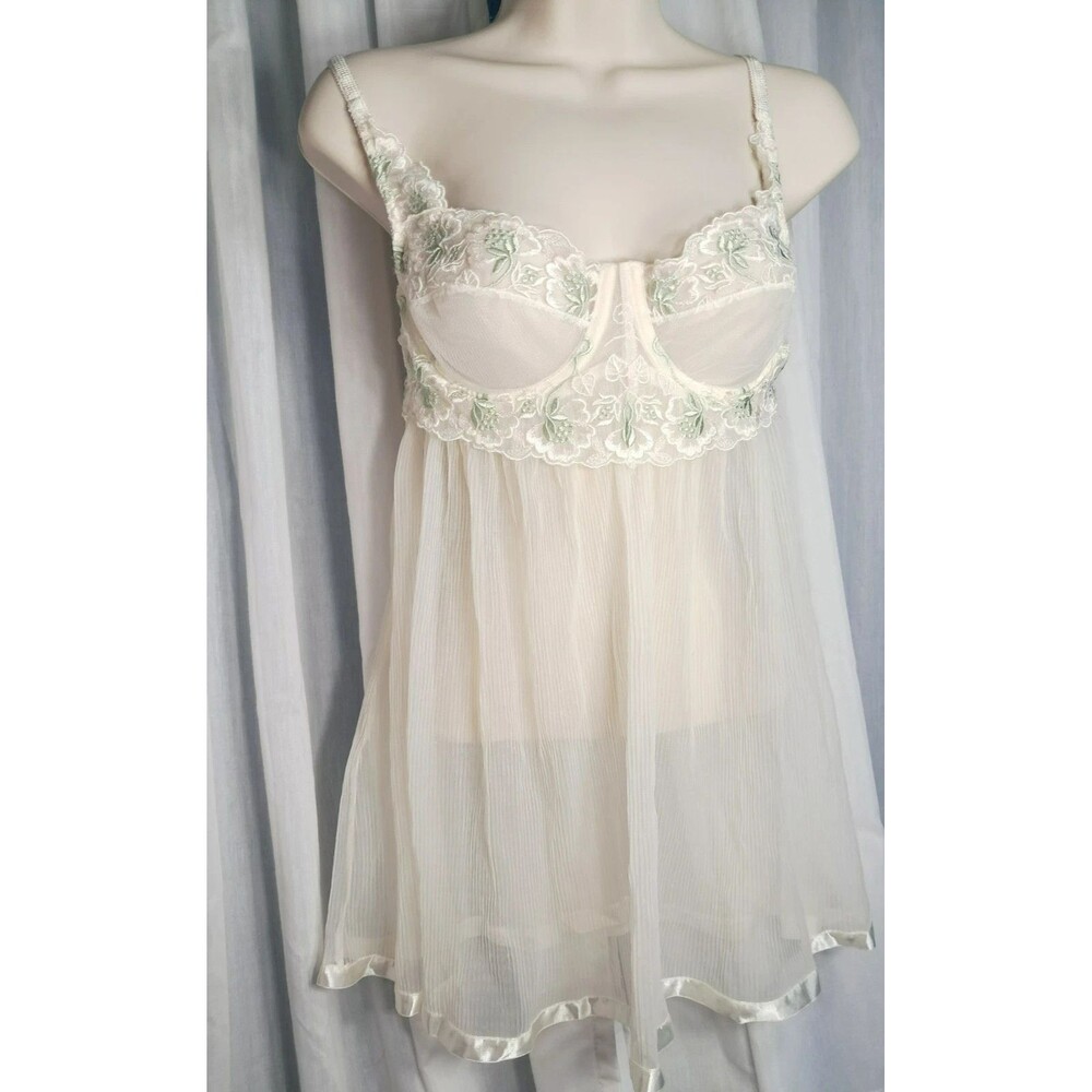 Vintage VICTORIA SECRET 36B Sheer Lingerie Lace Floral Babydoll Off White